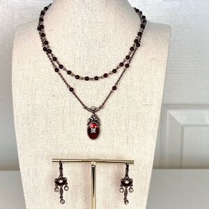 Napier Red Beaded Layered Pendant Necklace and Earrings Set